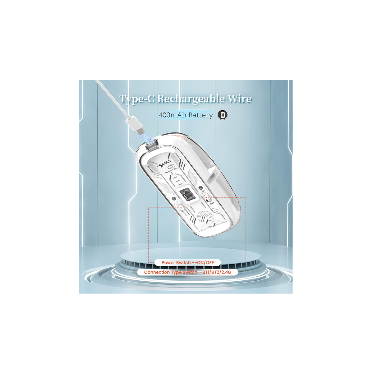 Transparent Wireless Mouse – Dual-Mode (Bluetooth 5.1 & 2.4 GHz), Silent Click, Adjustable DPI