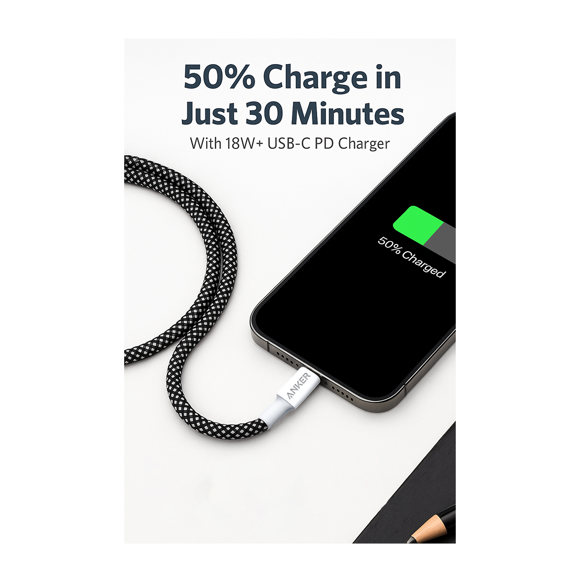 Anker USB-C to Lightning Cable (100mc) – MFi Certified, Fast PD Charging, Braided, iPhone 14/13/12