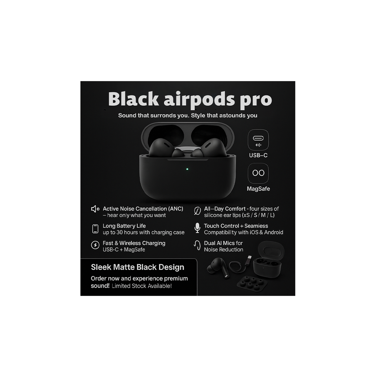 AirPods Pro (2nd Gen) – Black Edition | Active Noise Cancellation + USB-C
