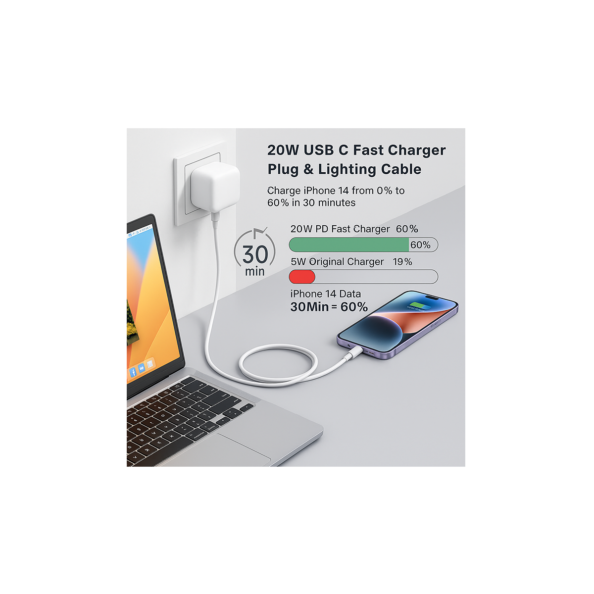 20W USB-C Fast Charger + USB-C to Lightning Cable (UK Plug)