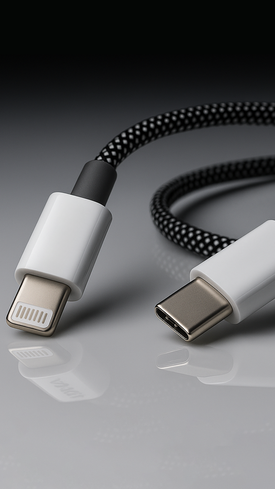 Braided cable with USB-C and Lightning connectors on a reflective surface